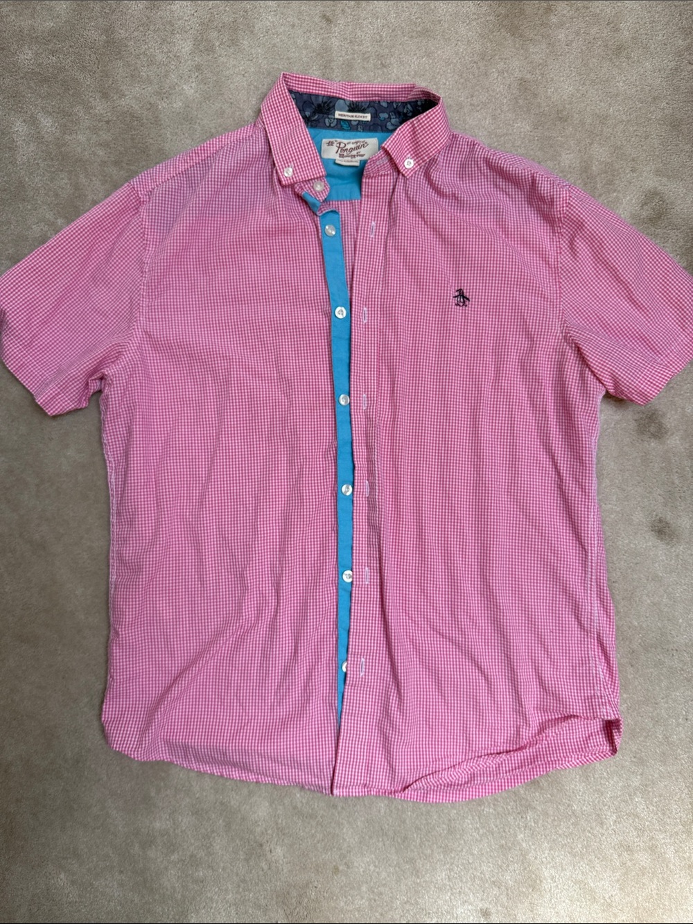 Original Penguin Pink Gingham Short-Sleeve Button-Down with Blue Inner Placket